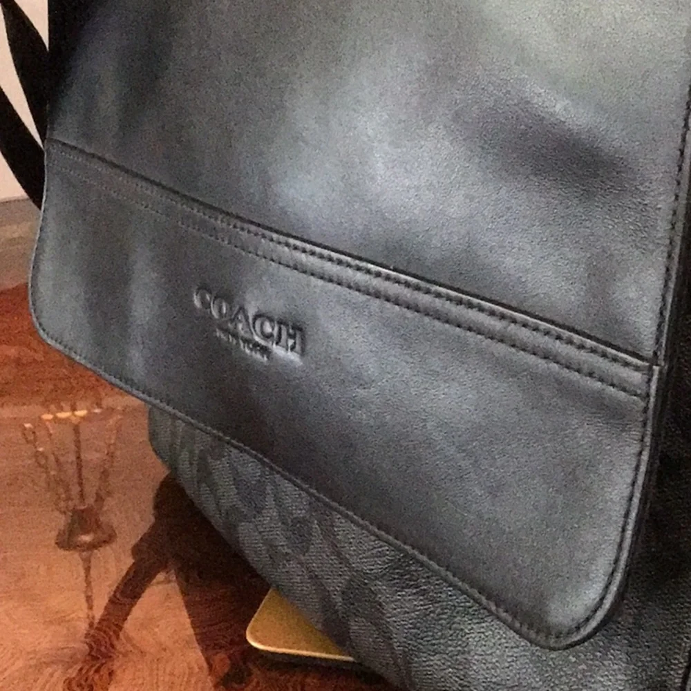 Coach Black Messenger Flap Bag with Leather Trim Houston Map